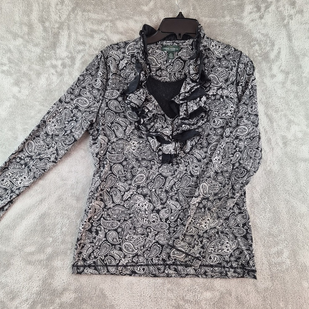 Lauren Jeans Co RL Top Womens Medium Black White Paisley Ruffle Cowl Neck Boho
